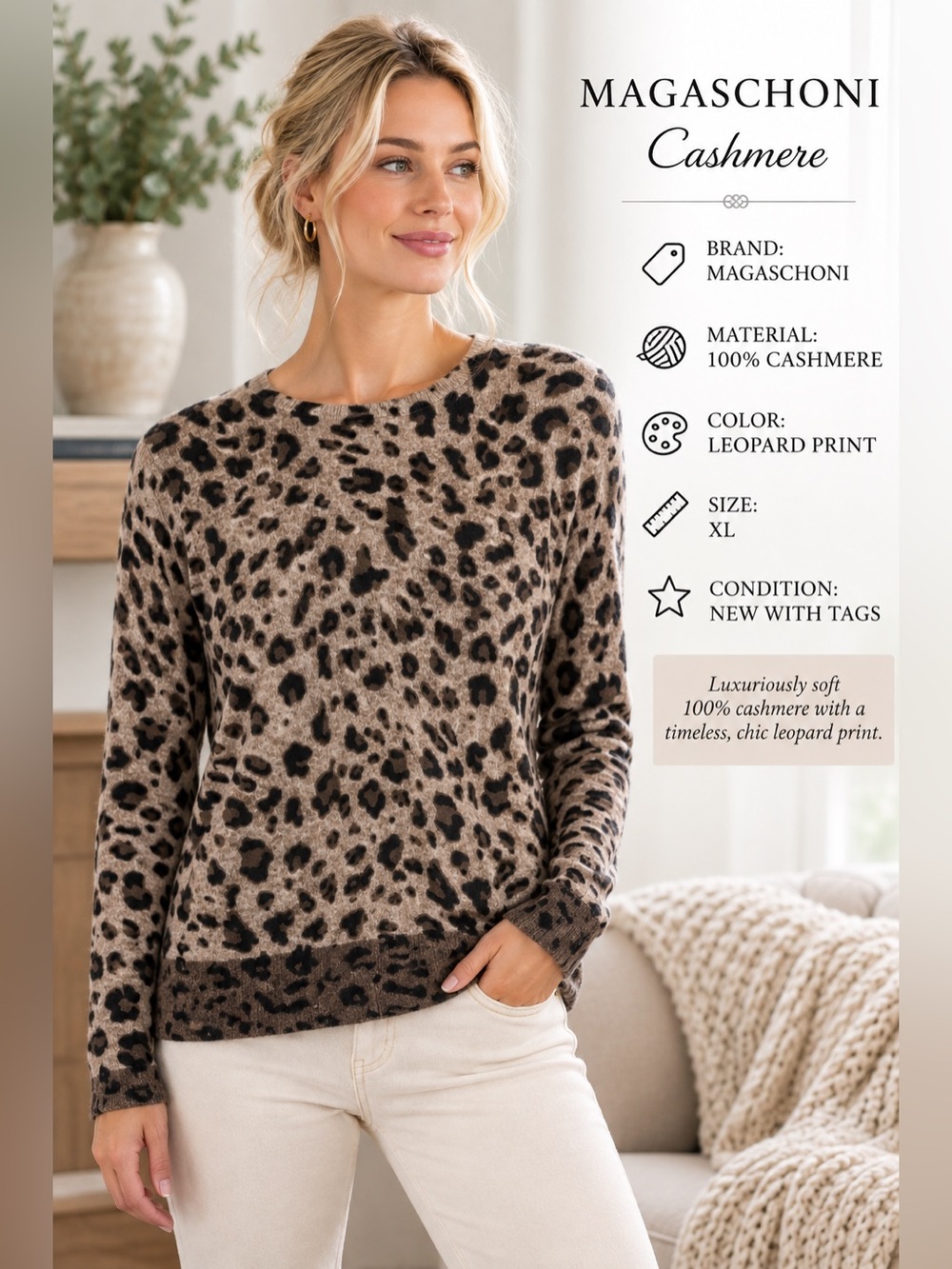 Magaschoni 100% Cashmere Leopard Print Sweater Size XL NWT